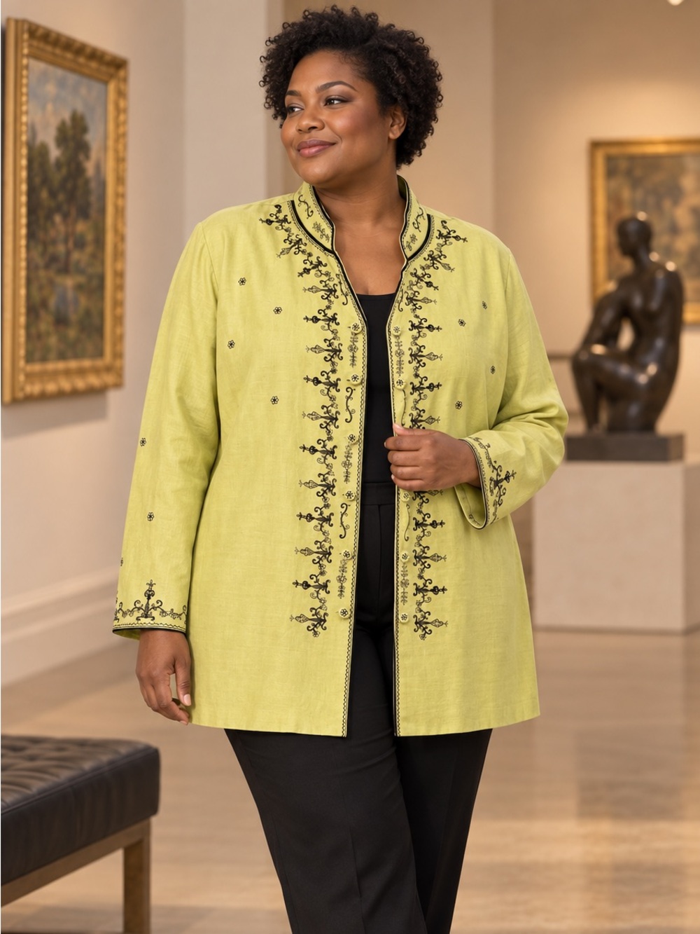 Silkland Woman Size 20 Silk Linen Embroidered Mandarin Jacket